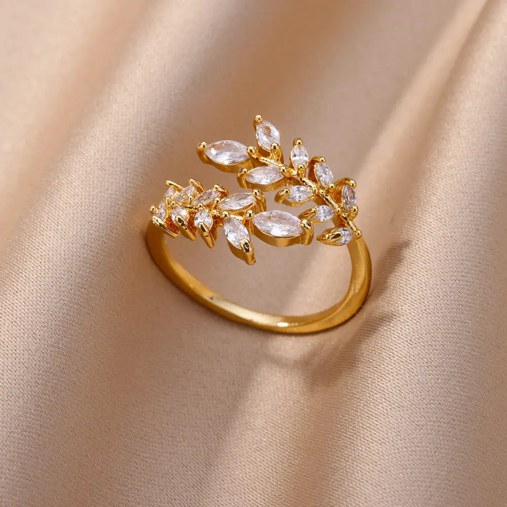 18K Gold Plated Zircon Flower & Leaf Ring | Adjustable Stainless Steel | Women's Aesthetic Wedding Band