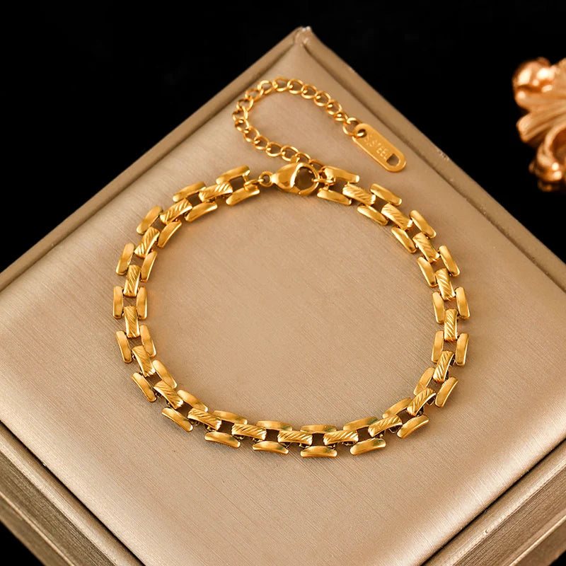 Stainless Steel Beaded Charm Bracelet for Women – 18K Gold Plated Link Chain