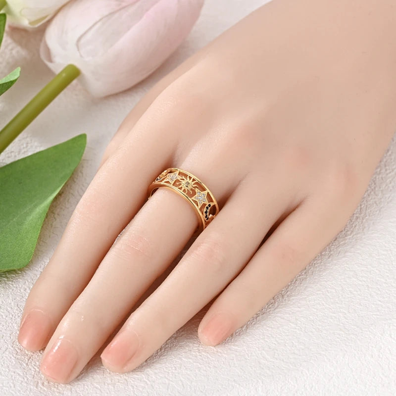 925 Sterling Silver Heart Star Moon Ring | Sparkling Zircon | Gold Chain Design | Women's Fine Jewelry Gift