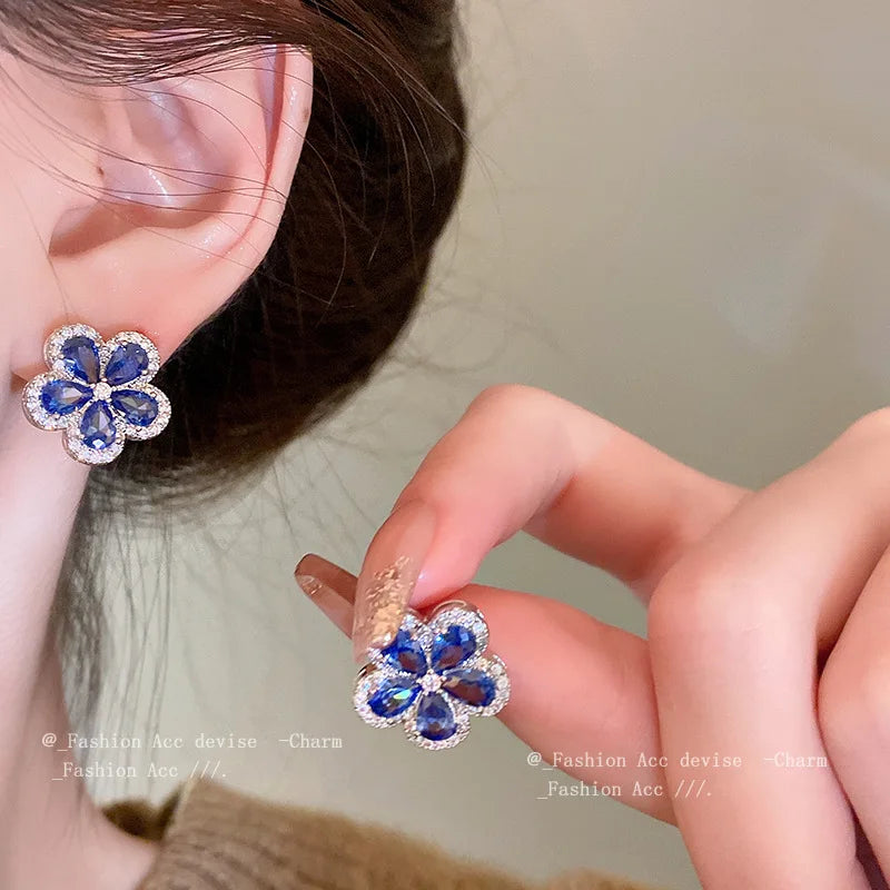 S925 Silver Needle Zircon Flower Jewelry | Earrings, Necklace & Blue Crystal Set | Luxury Banquet Style