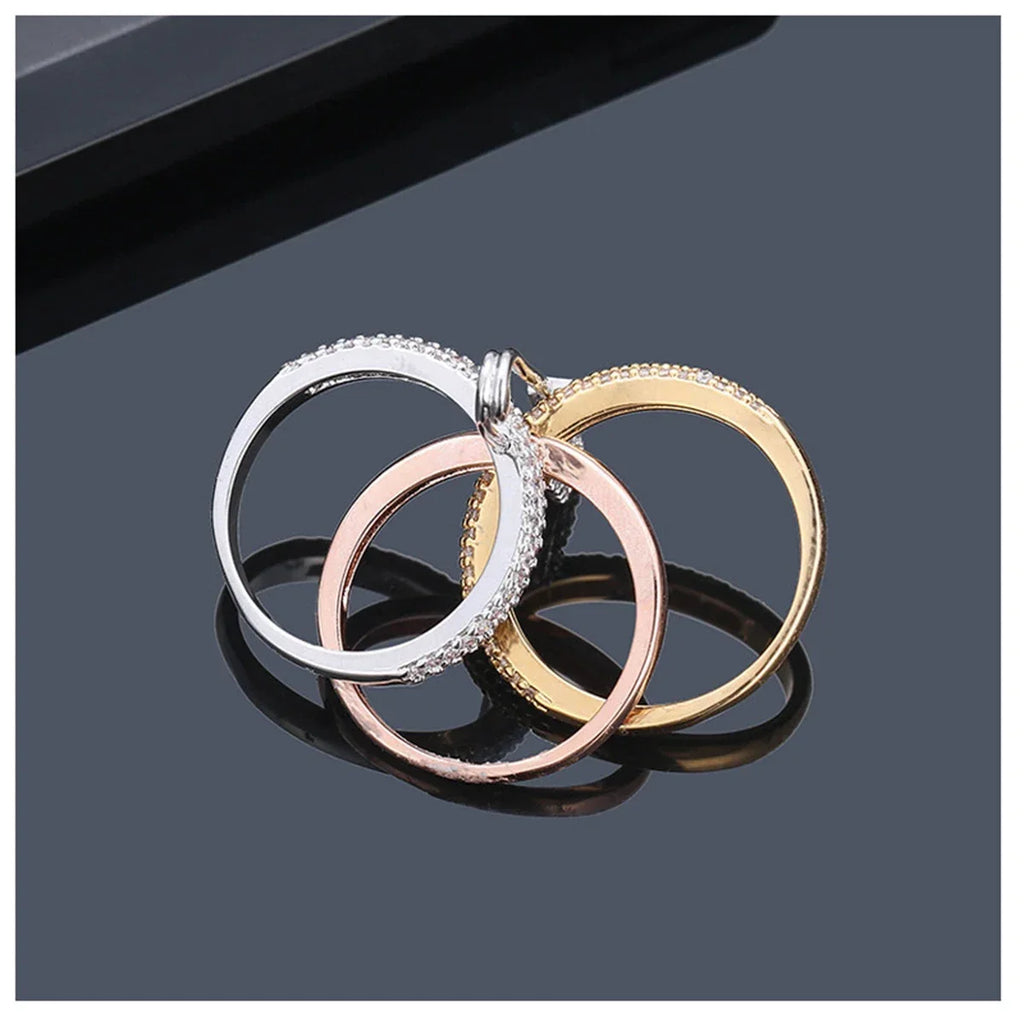 14K Gold Plated CZ Stackable Ring | 3-Layer Pave Setting | Multicolor & Silver | Women's Party Jewelry