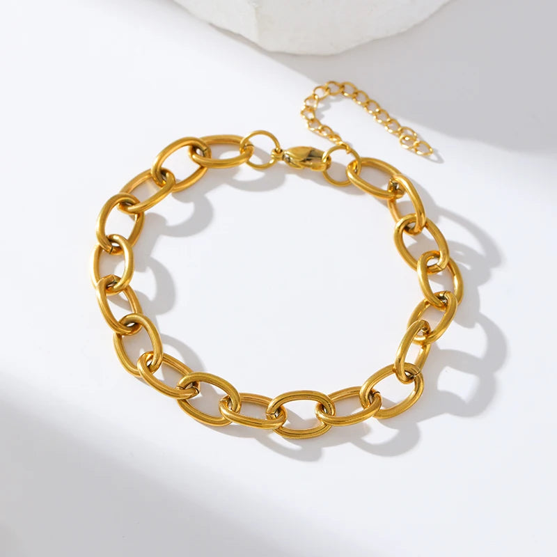 Stainless Steel Beaded Charm Bracelet for Women – 18K Gold Plated Link Chain