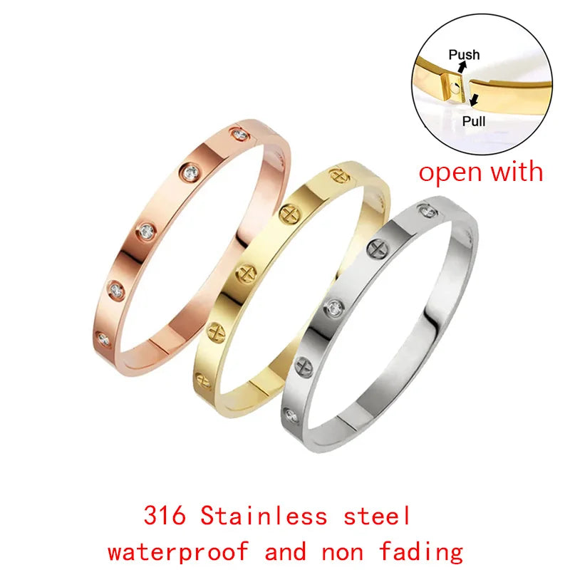 Zircon Cross Screw Nail Bangle | Stainless Steel | Gold, Rose Gold & Silver | Unisex Statement Bracelet