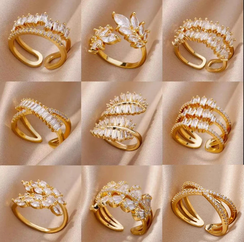 18K Gold Plated Zircon Flower & Leaf Ring | Adjustable Stainless Steel | Women's Aesthetic Wedding Band