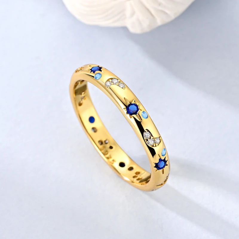 925 Sterling Silver Heart Star Moon Ring | Sparkling Zircon | Gold Chain Design | Women's Fine Jewelry Gift