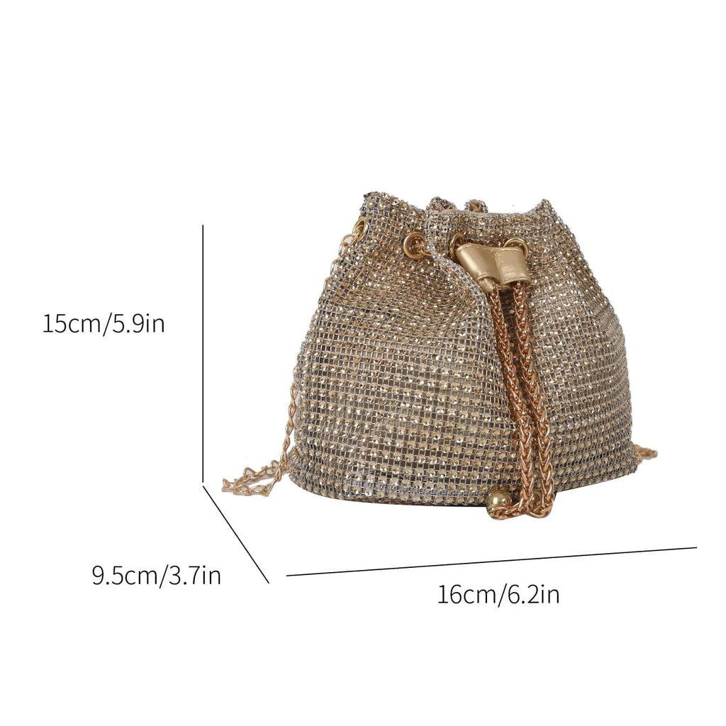 Rhinestone Drawstring Bucket Bag – Sparkling Crossbody Purse for Women