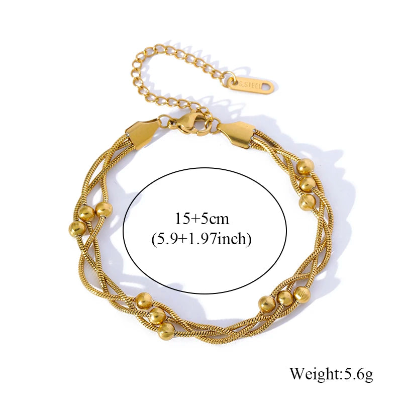 Stainless Steel Beaded Charm Bracelet for Women – 18K Gold Plated Link Chain