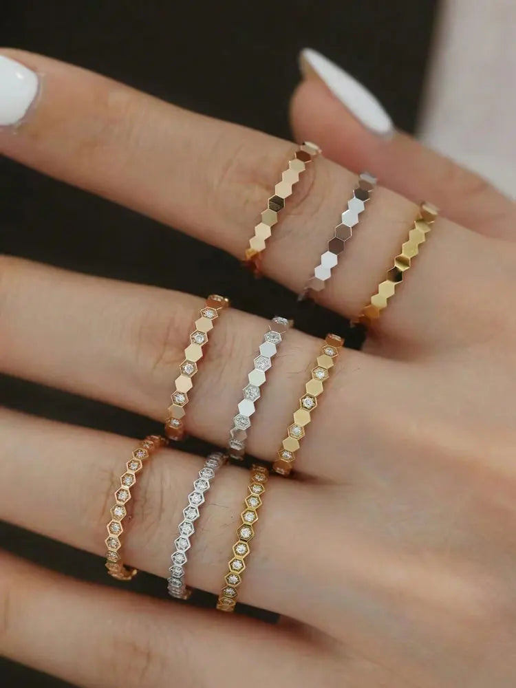 925 Sterling Silver Zircon Hexagon Ring | Gold, Silver & Rose Gold | Sizes 6–10 | Women's Fine Jewelry