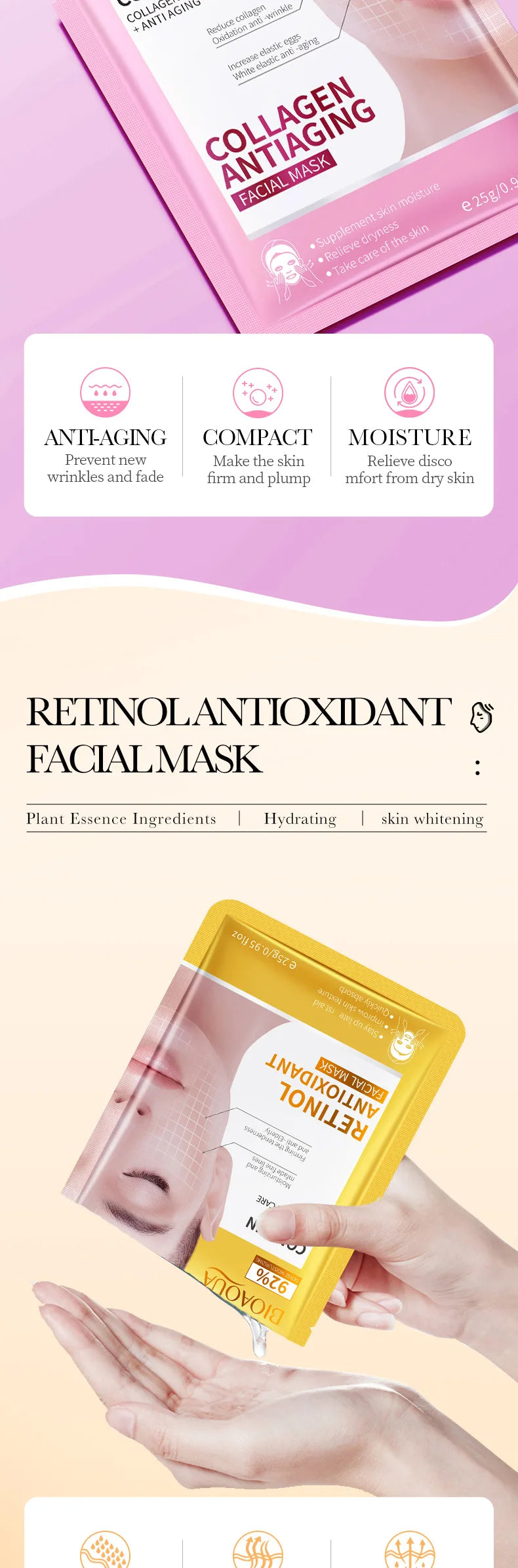 15pcs BIOAQUA Retinol Collagen Facial Masks Firming Moisturizing Nourishing Hydrating Face Mask Facial Skin Care Products Nanasbeautyholic