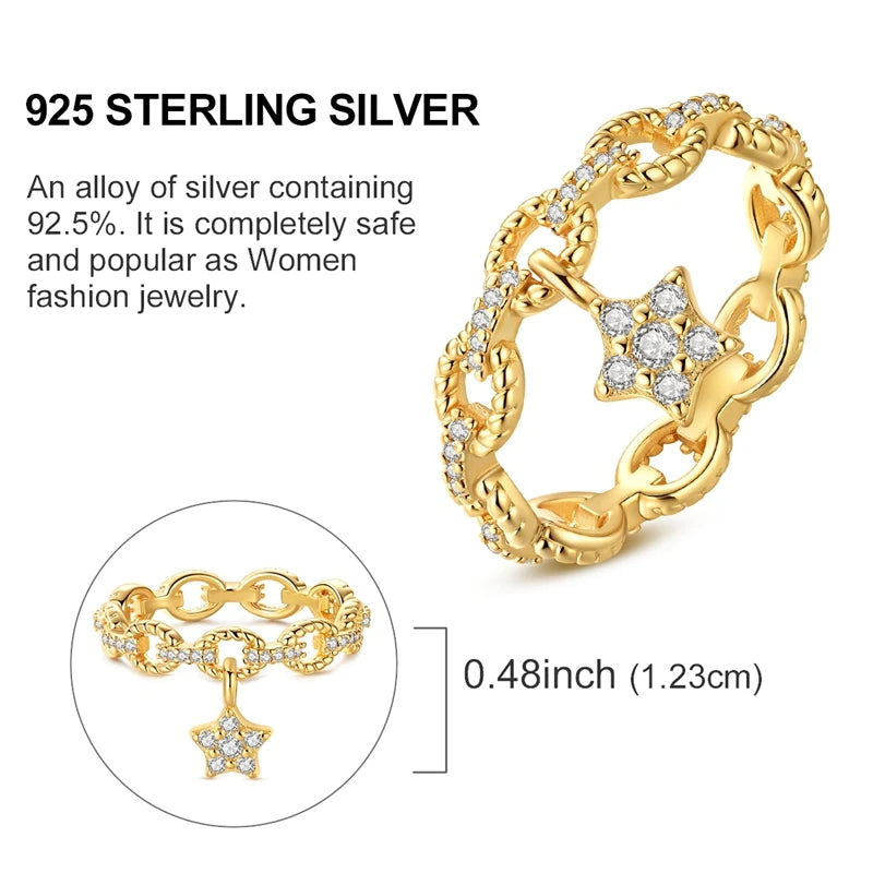 925 Sterling Silver Heart Star Moon Ring | Sparkling Zircon | Gold Chain Design | Women's Fine Jewelry Gift