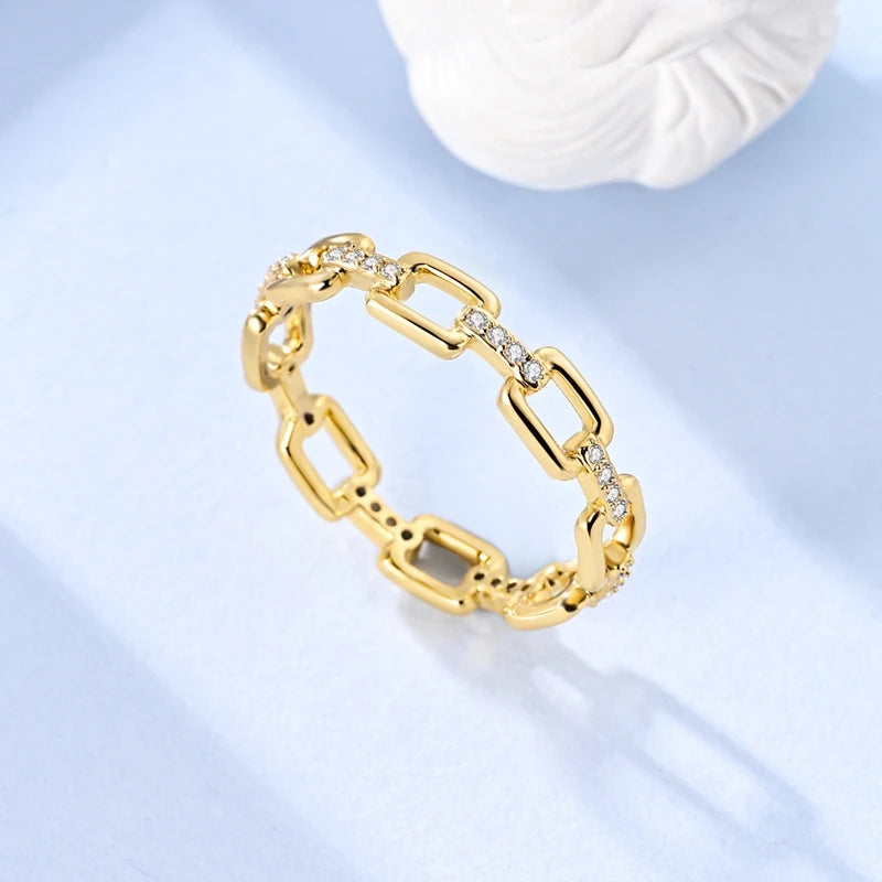 925 Sterling Silver Heart Star Moon Ring | Sparkling Zircon | Gold Chain Design | Women's Fine Jewelry Gift