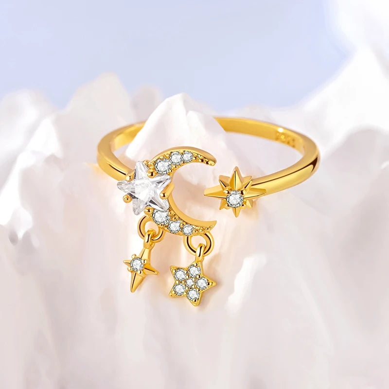 925 Sterling Silver Heart Star Moon Ring | Sparkling Zircon | Gold Chain Design | Women's Fine Jewelry Gift