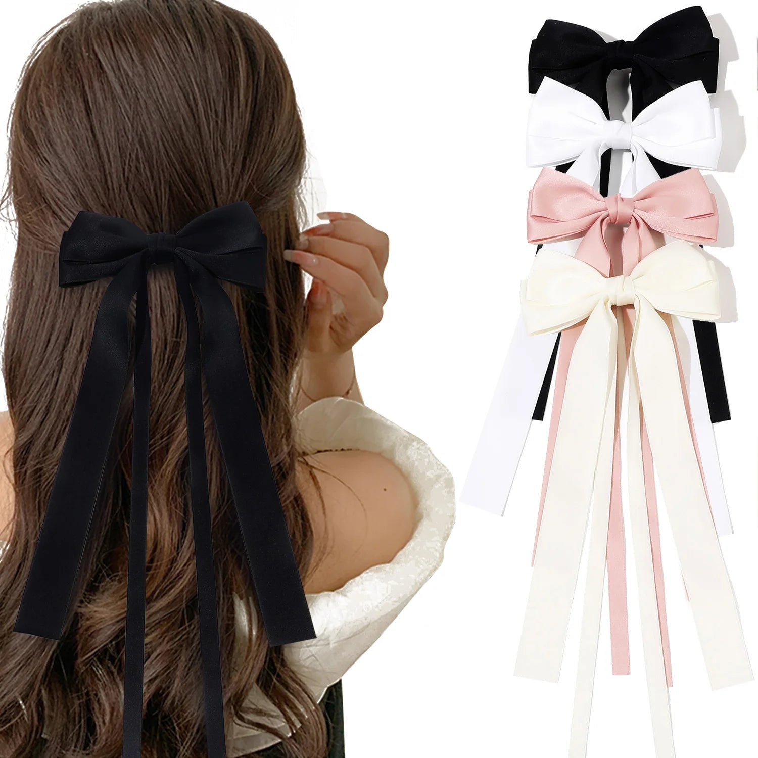 Korean Solid Color Ribbon Double Bowknot Hair Clips