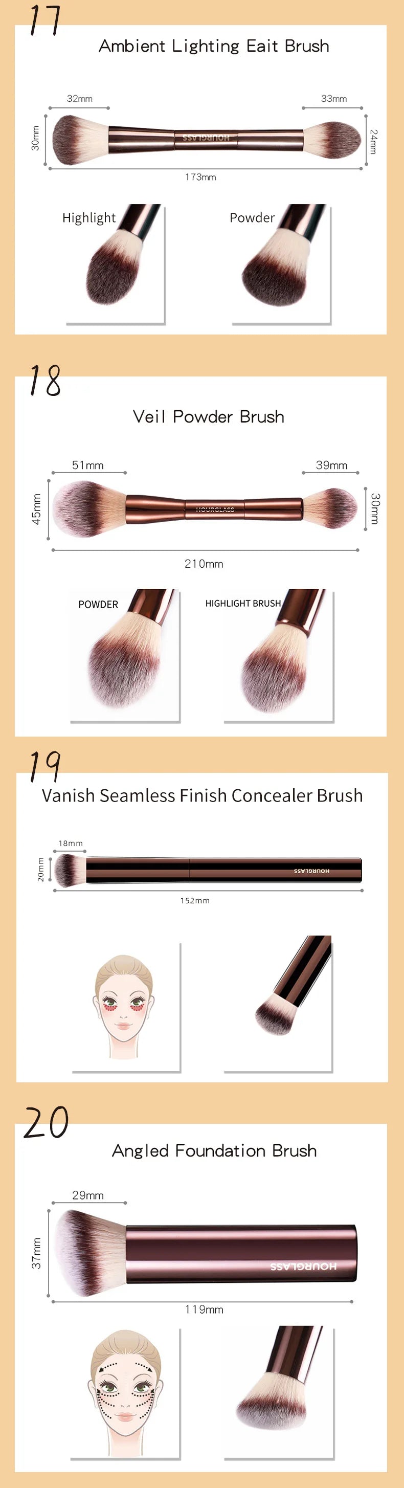 Hourglass Makeup Brush Set & Kit Include Powder Foundation Concealer Lip Blusher Bronzer Eyeshadow Eyeliner Highlight Brush Nanasbeautyholic