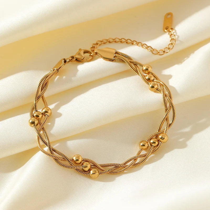 Stainless Steel Beaded Charm Bracelet for Women – 18K Gold Plated Link Chain