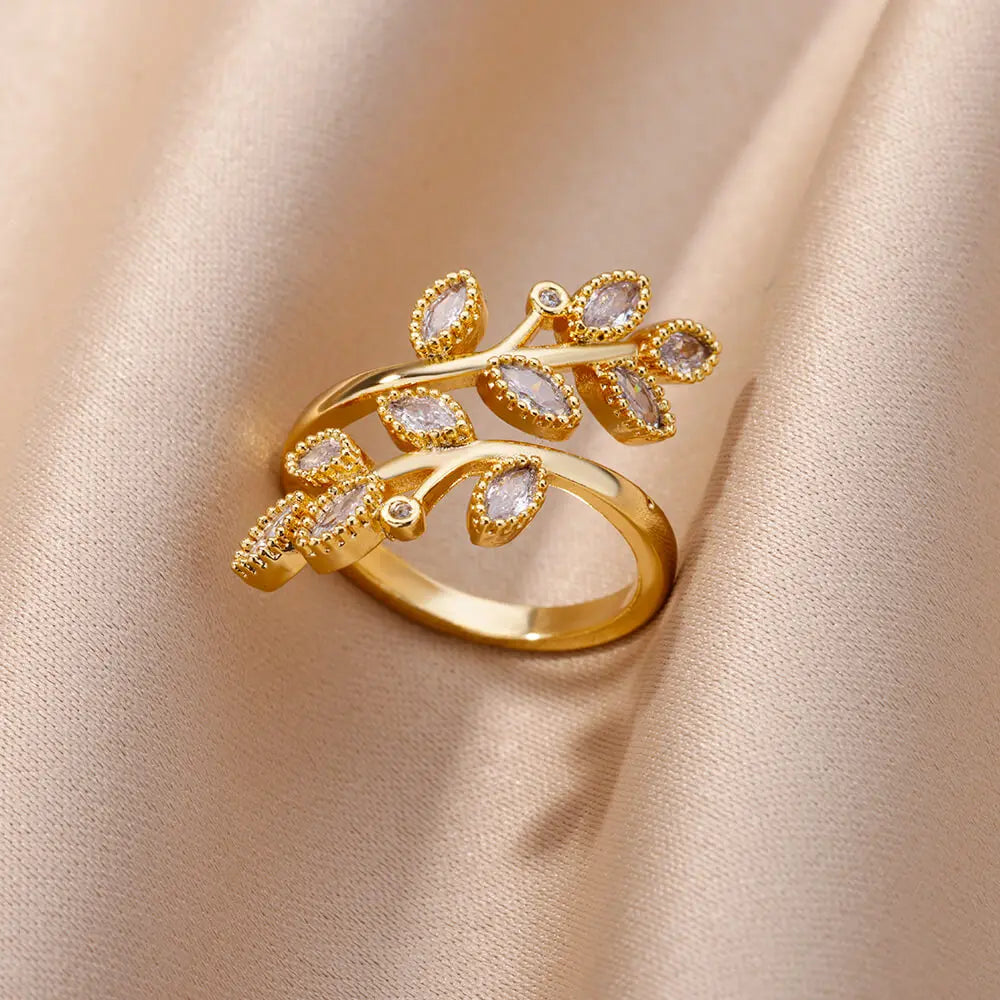 18K Gold Plated Zircon Flower & Leaf Ring | Adjustable Stainless Steel | Women's Aesthetic Wedding Band