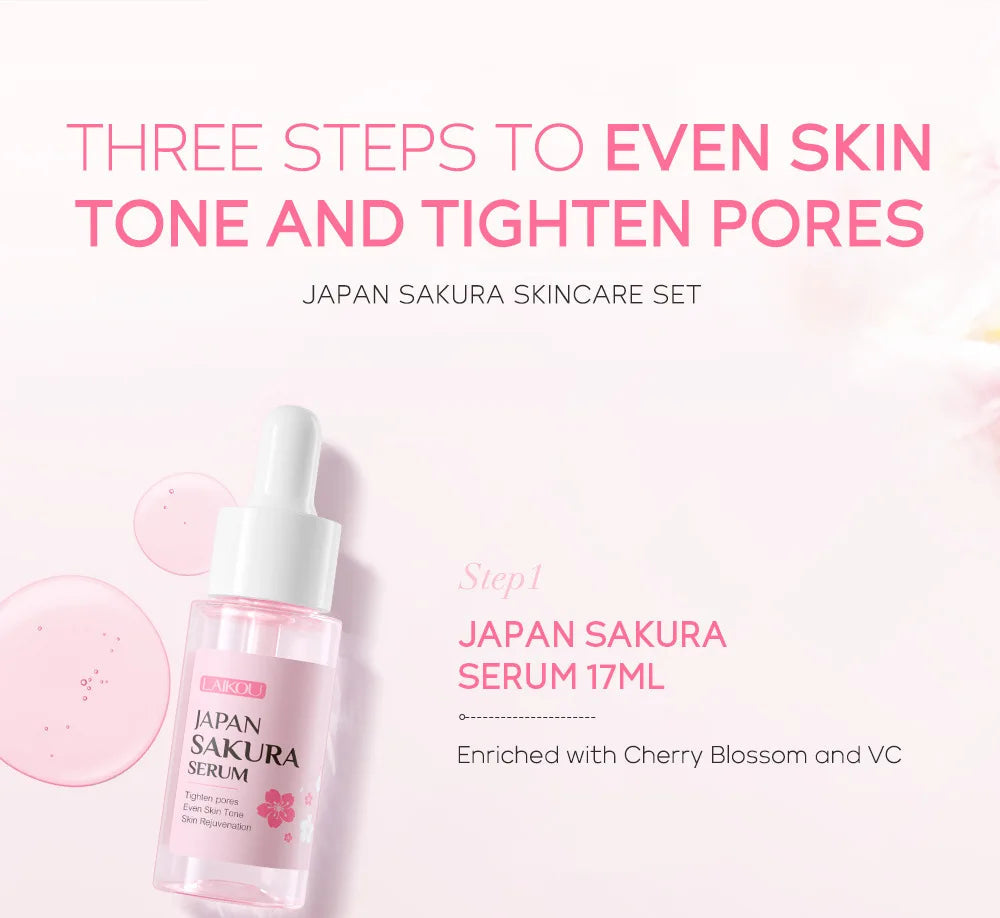 3pcs/set LAIKOU Skin Care Set Vitamin C Sakura Snail Essence Serum & Eye Cream & Face Cream Moisturizer Travel Size Skincare Set Nanasbeautyholic
