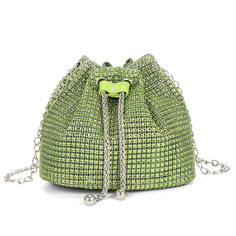 Rhinestone Drawstring Bucket Bag – Sparkling Crossbody Purse for Women