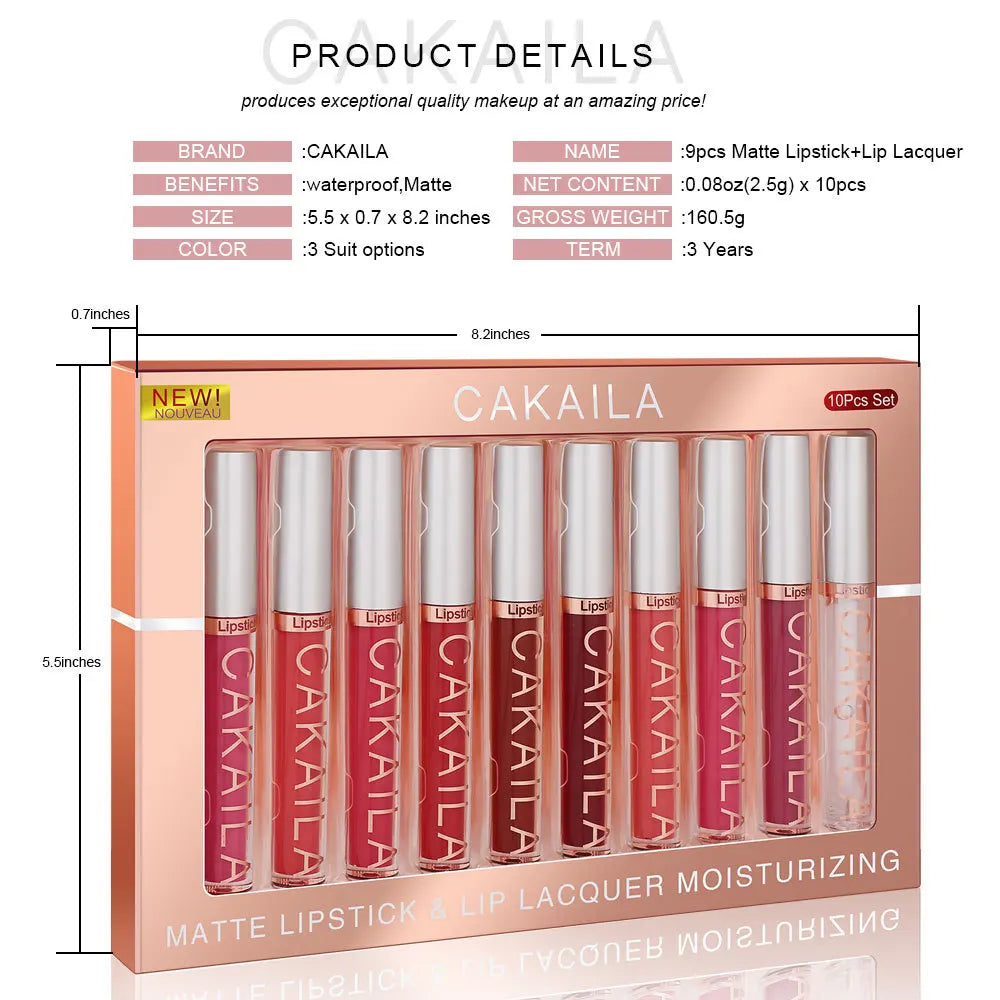 CAKAILA 10-Piece Nude Matte Lip Gloss Set – Velvet Liquid Lipstick | Waterproof & Long-Lasting