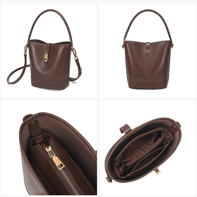 Genuine Leather Bucket Bag – Soft Cow Leather Shoulder & Crossbody Handbag