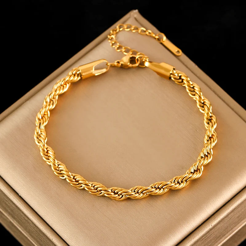 Stainless Steel Beaded Charm Bracelet for Women – 18K Gold Plated Link Chain