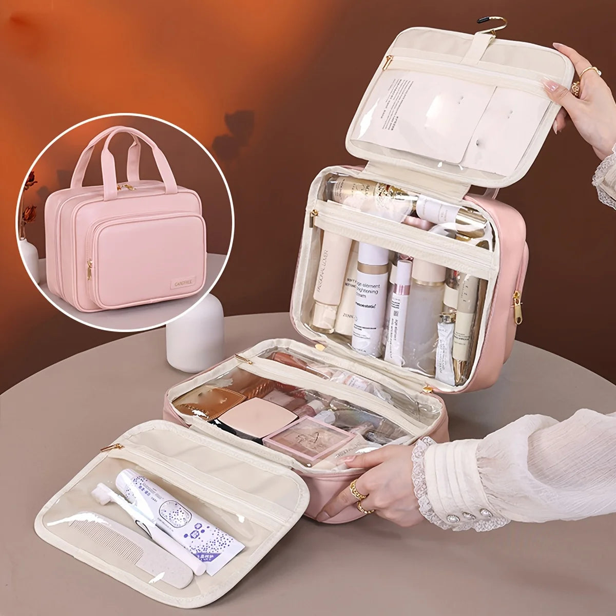 New PU Leather Hanging Cosmetic Bag For Women Portable Storage Makeup Organizer Large Capacity Travel Toiletry Storage Bags Nanasbeautyholic