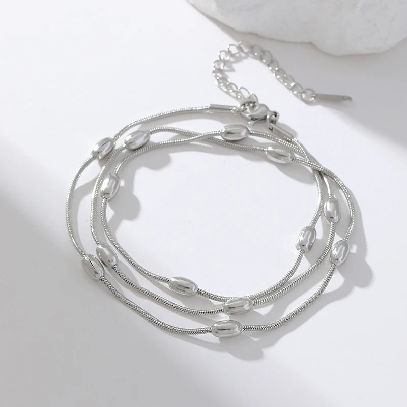 Stainless Steel Beaded Charm Bracelet for Women – 18K Gold Plated Link Chain