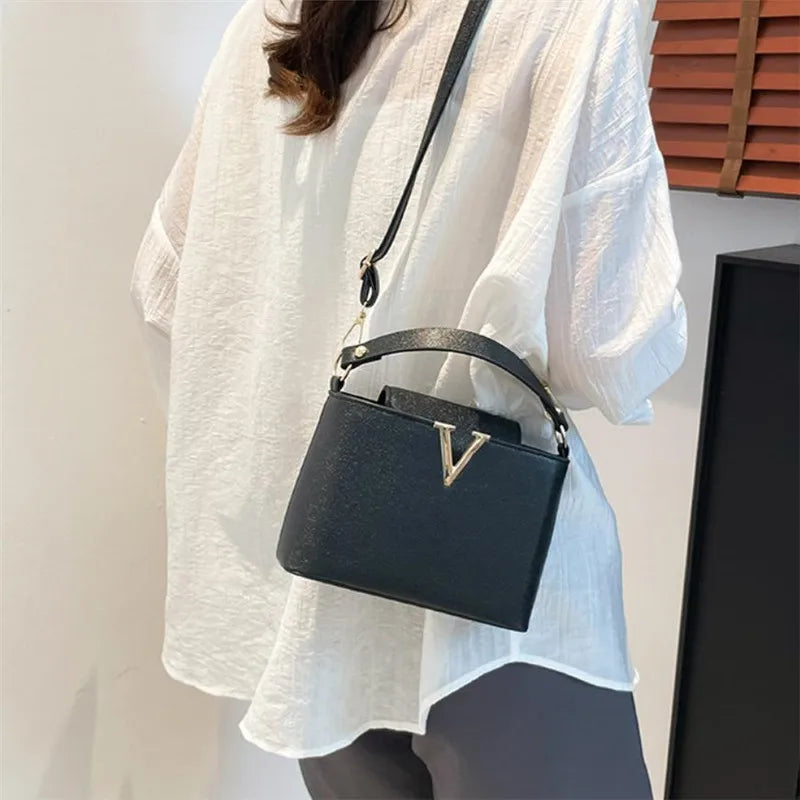 Sequin Letter Bucket Bag – Soft PU Leather Shoulder & Crossbody Tote for Women