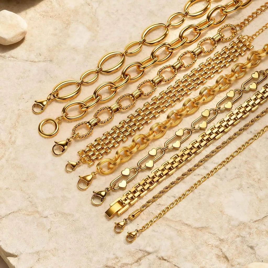 18K Gold Plated Stainless Steel Link Chain Bracelet for Women – Stackable Waterproof Bangle