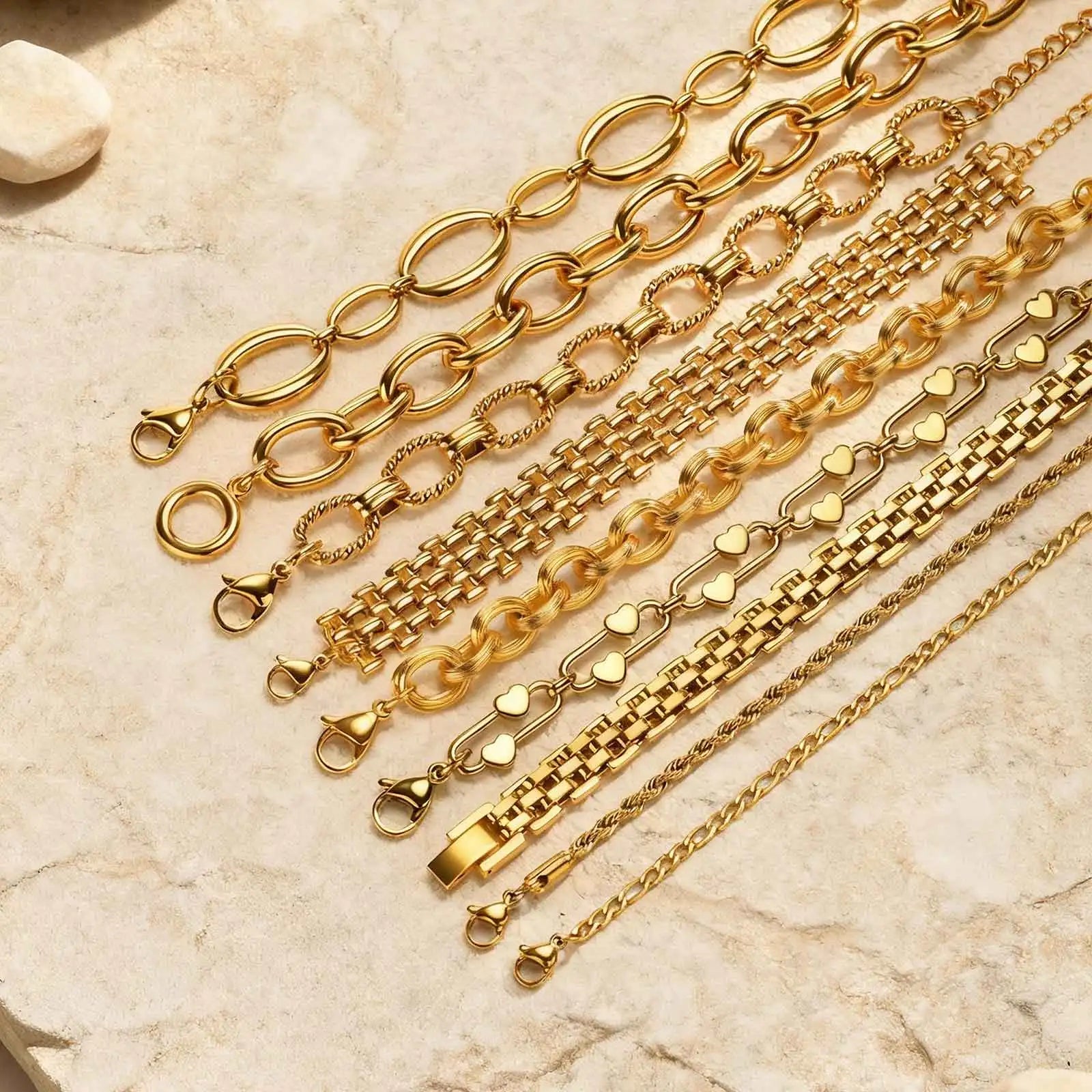 18K Gold Plated Stainless Steel Link Chain Bracelet for Women – Stackable Waterproof Bangle