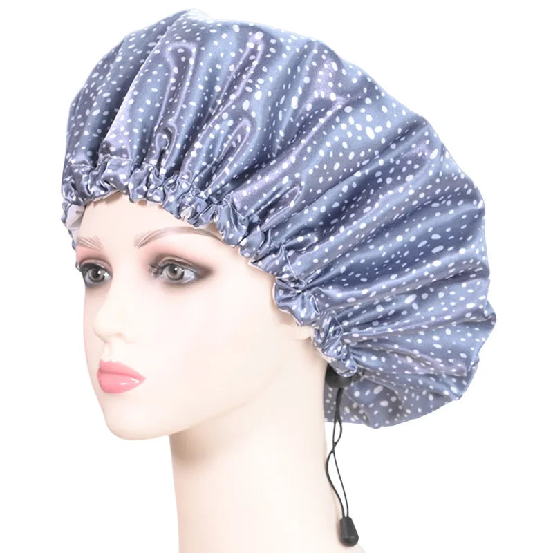 Women Double Layer Waterproof Shower Cap Floral Print Adjustable Double-Layer Elastic Hair Cap Bathing Accessory Nanasbeautyholic