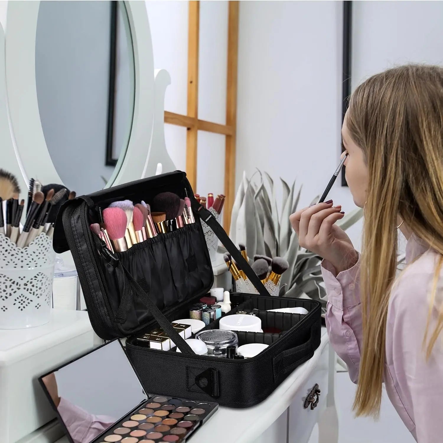 Large capacity travel makeup case, portable artist organizer with adjustable dividers and shoulder strap for toiletries jewelry Nanasbeautyholic