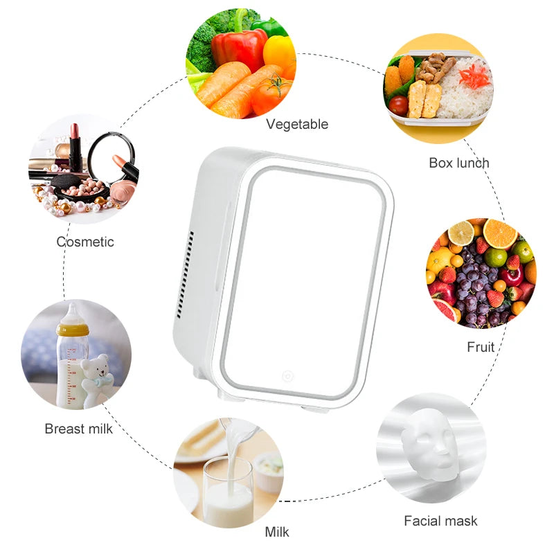 Mini Makeup Fridge WIth LED Light Mirror Portable Cosmetic Storage
