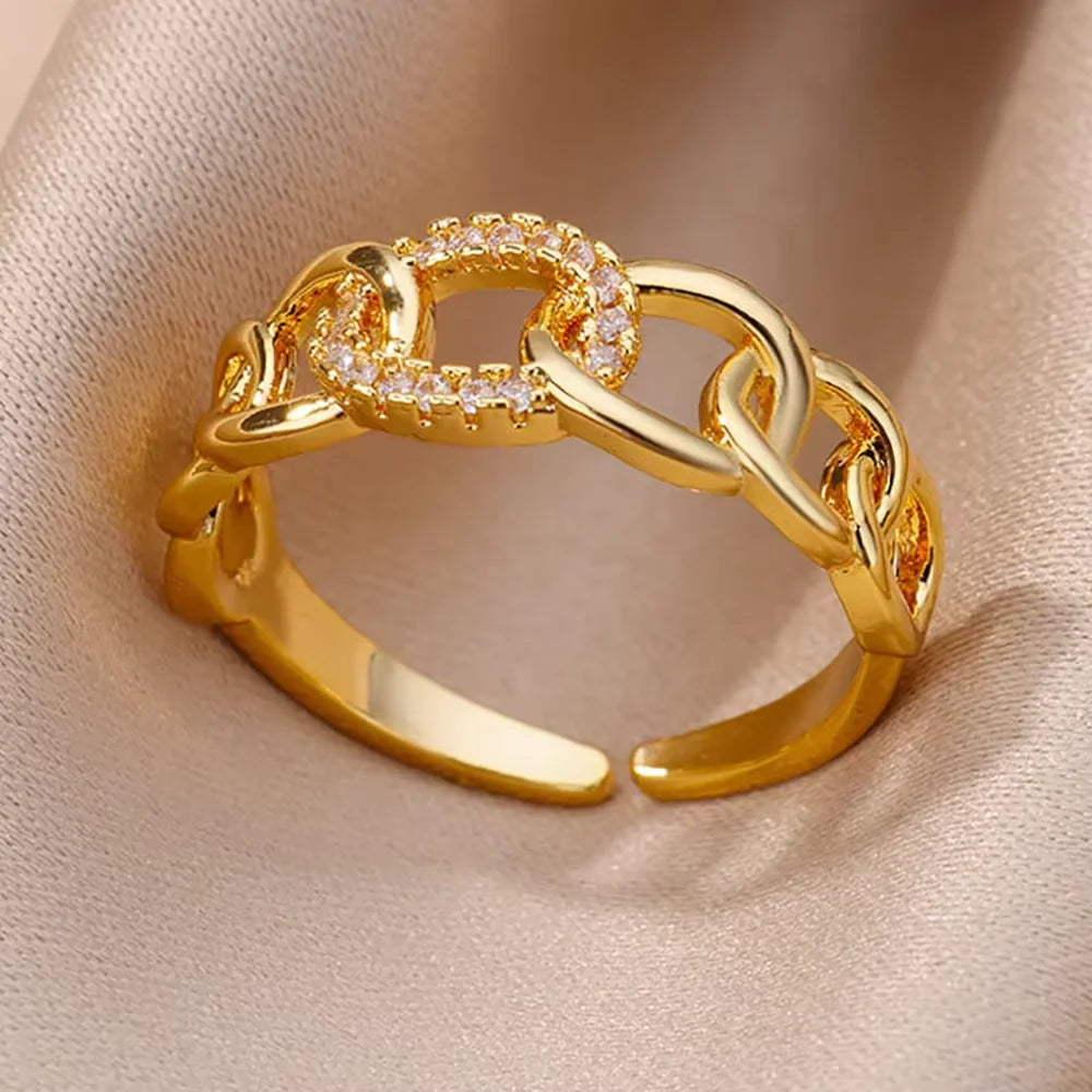 18K Gold Plated Zircon Ring | Adjustable Stainless Steel | Geometric Aesthetic | Women's Wedding & Party Jewelry