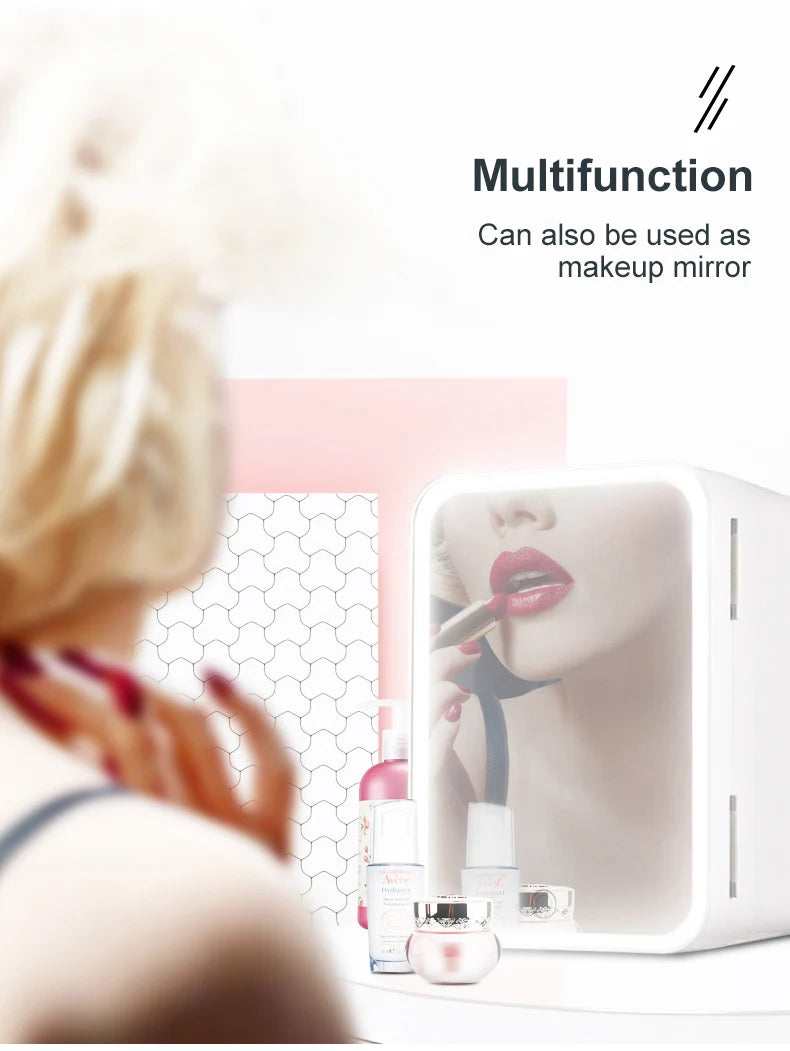 Mini Makeup Fridge WIth LED Light Mirror Portable Cosmetic Storage