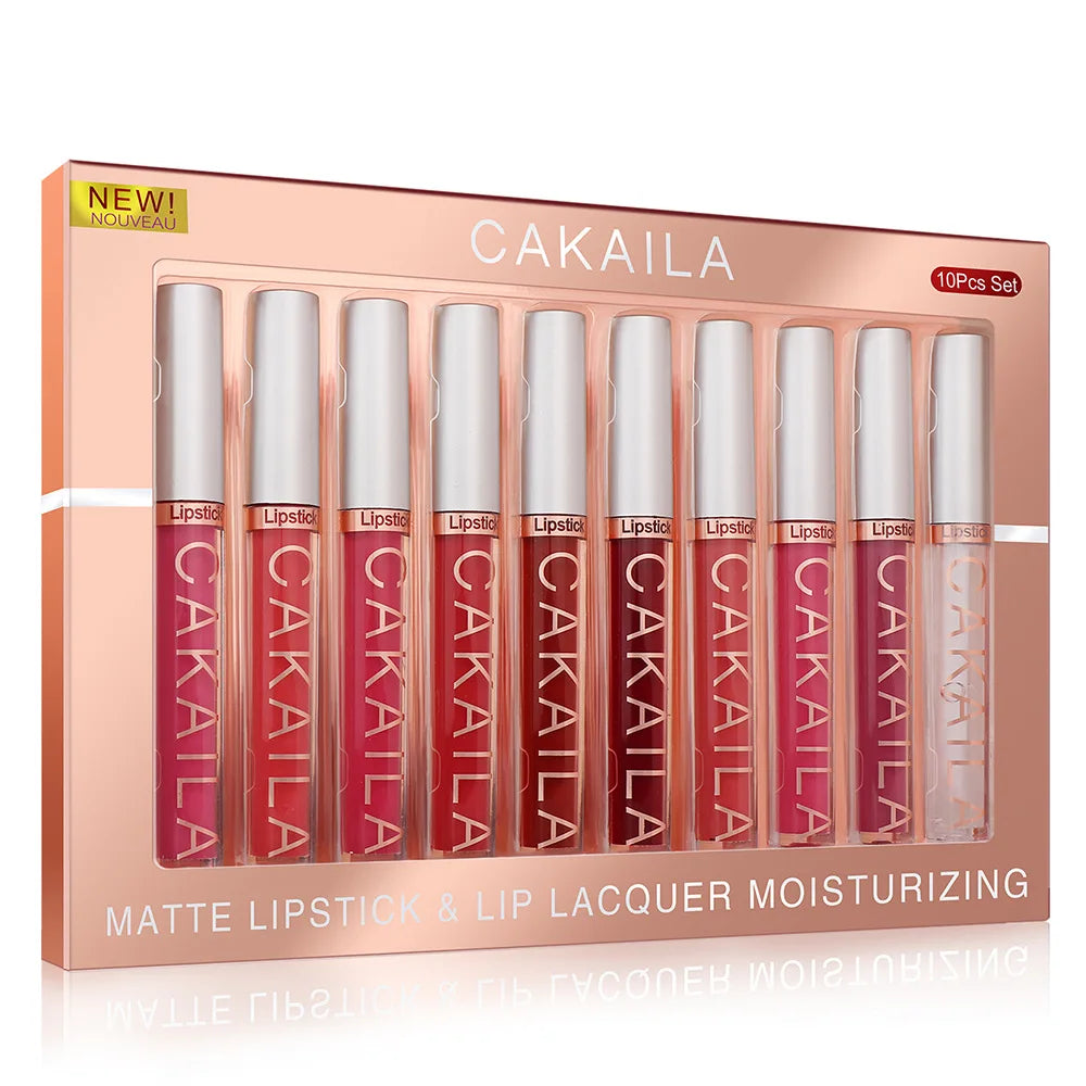 CAKAILA 10-Piece Nude Matte Lip Gloss Set – Velvet Liquid Lipstick | Waterproof & Long-Lasting