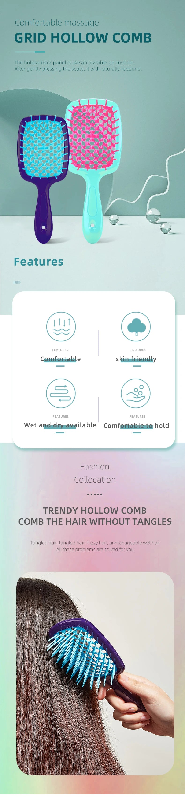 2pcs Professional Comb Detangling Hair Brush Scalp Massage Anti-static