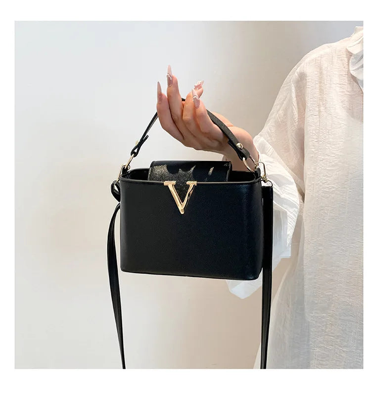 Sequin Letter Bucket Bag – Soft PU Leather Shoulder & Crossbody Tote for Women