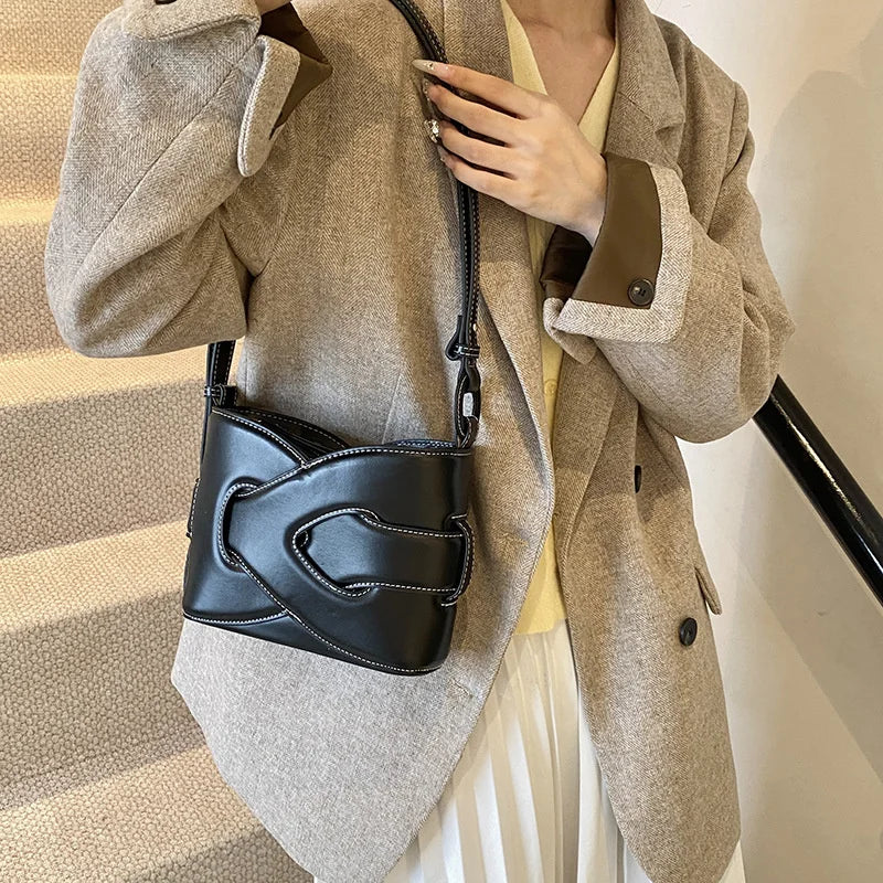 Genuine Leather Bucket Shoulder Bag for Women – Large Capacity Underarm Bag