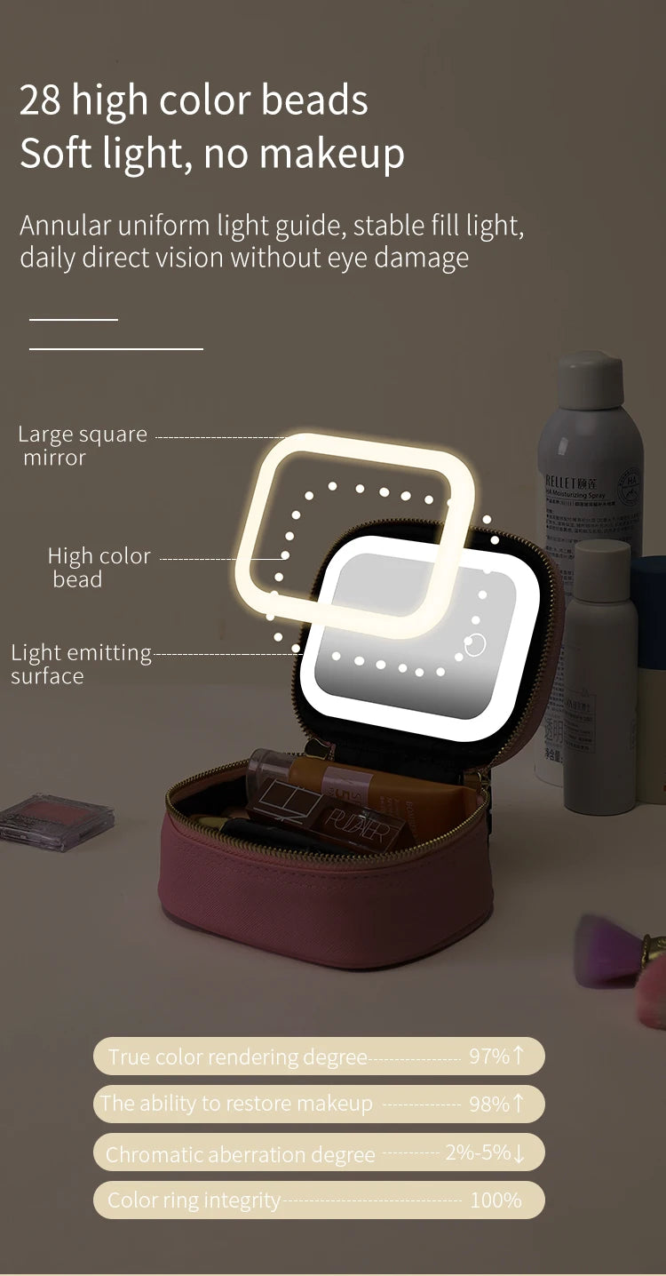 Rechargeable Travel Makeup Bag With LED Mirror, Compact Touch Screen Tabletop Cosmetic Mirror, 3 Colors Light Nanasbeautyholic