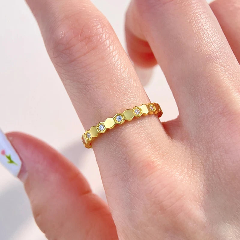 925 Sterling Silver Zircon Hexagon Ring | Gold, Silver & Rose Gold | Sizes 6–10 | Women's Fine Jewelry