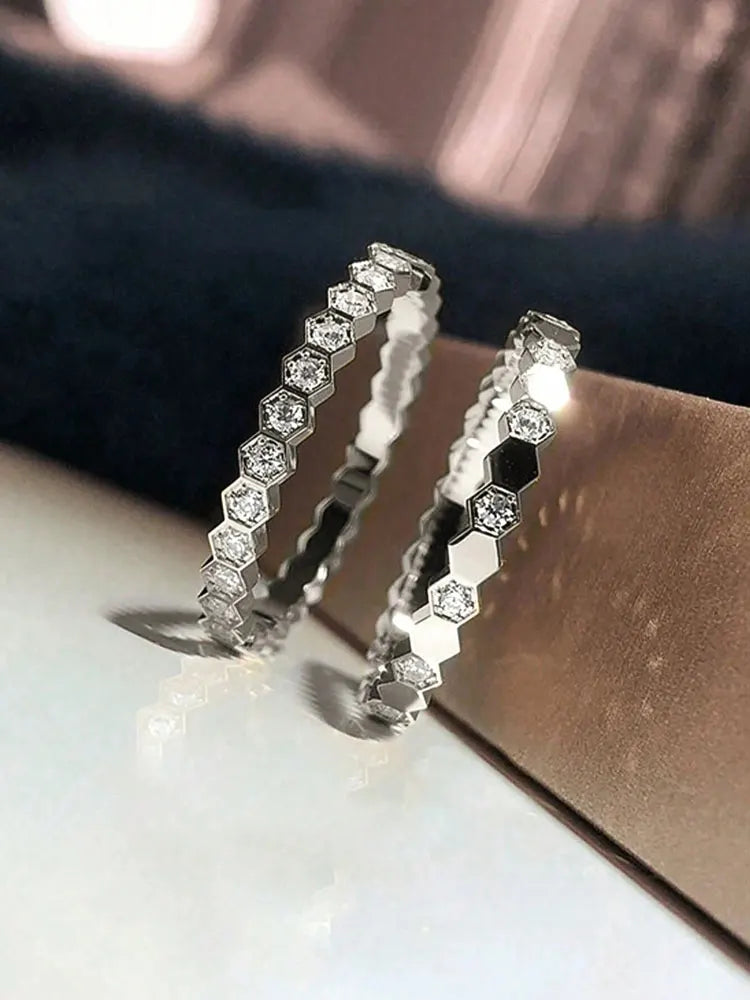 925 Sterling Silver Zircon Hexagon Ring | Gold, Silver & Rose Gold | Sizes 6–10 | Women's Fine Jewelry