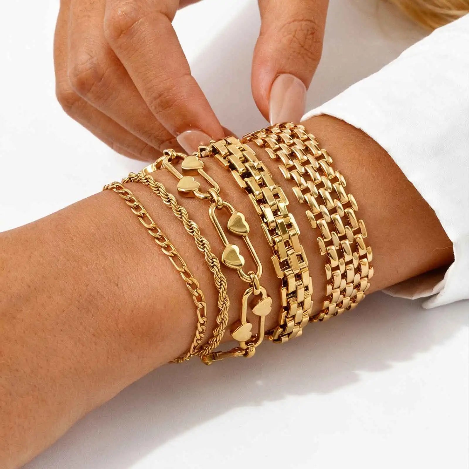 18K Gold Plated Stainless Steel Link Chain Bracelet for Women – Stackable Waterproof Bangle