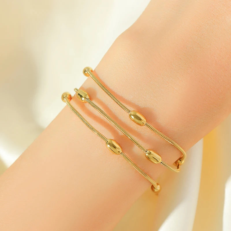 Stainless Steel Beaded Charm Bracelet for Women – 18K Gold Plated Link Chain
