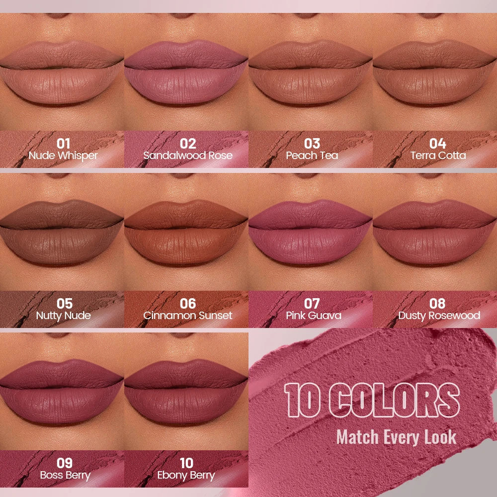 1PC Matte Velvet Lip Gloss - Highly Saturated Liquid Lip Mud, Non-Stick Long-Lasting Formula, 10-Shade Mixed Palette Nanasbeautyholic