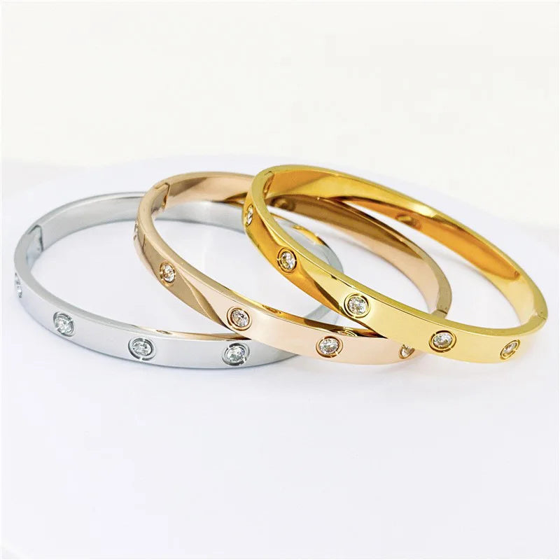 Zircon Cross Screw Nail Bangle | Stainless Steel | Gold, Rose Gold & Silver | Unisex Statement Bracelet