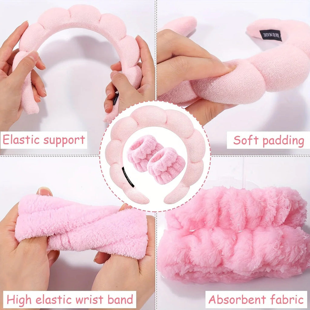 4PCS Stylish Washing Headband Set Wristbands Scrunchies Spa Bubble Headband for Washing Face Makeup Shower Skincare Nanasbeautyholic