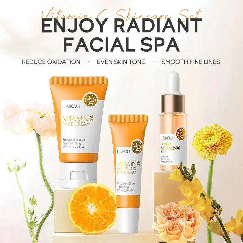 3pcs/set LAIKOU Skin Care Set Vitamin C Sakura Snail Essence Serum & Eye Cream & Face Cream Moisturizer Travel Size Skincare Set Nanasbeautyholic