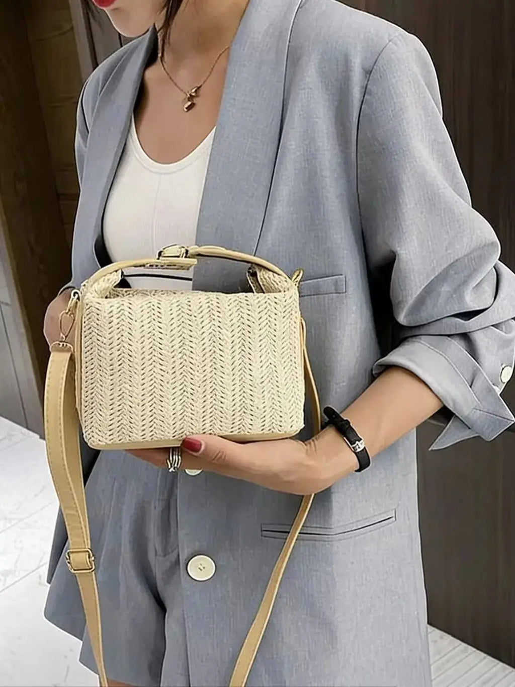 HOMEFISH Summer Small Straw Handbag Trendy Shoulder Bag Woven Bucket Crossbody Bag Casual Seaside Beach Bag Gilrs Handle Tote Nanasbeautyholic