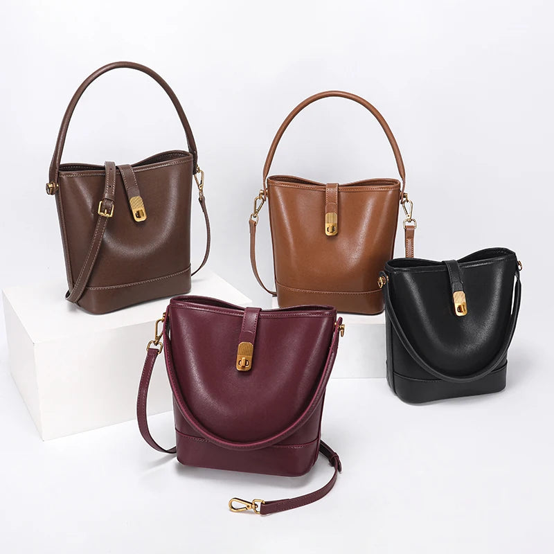 Genuine Leather Bucket Bag – Soft Cow Leather Shoulder & Crossbody Handbag
